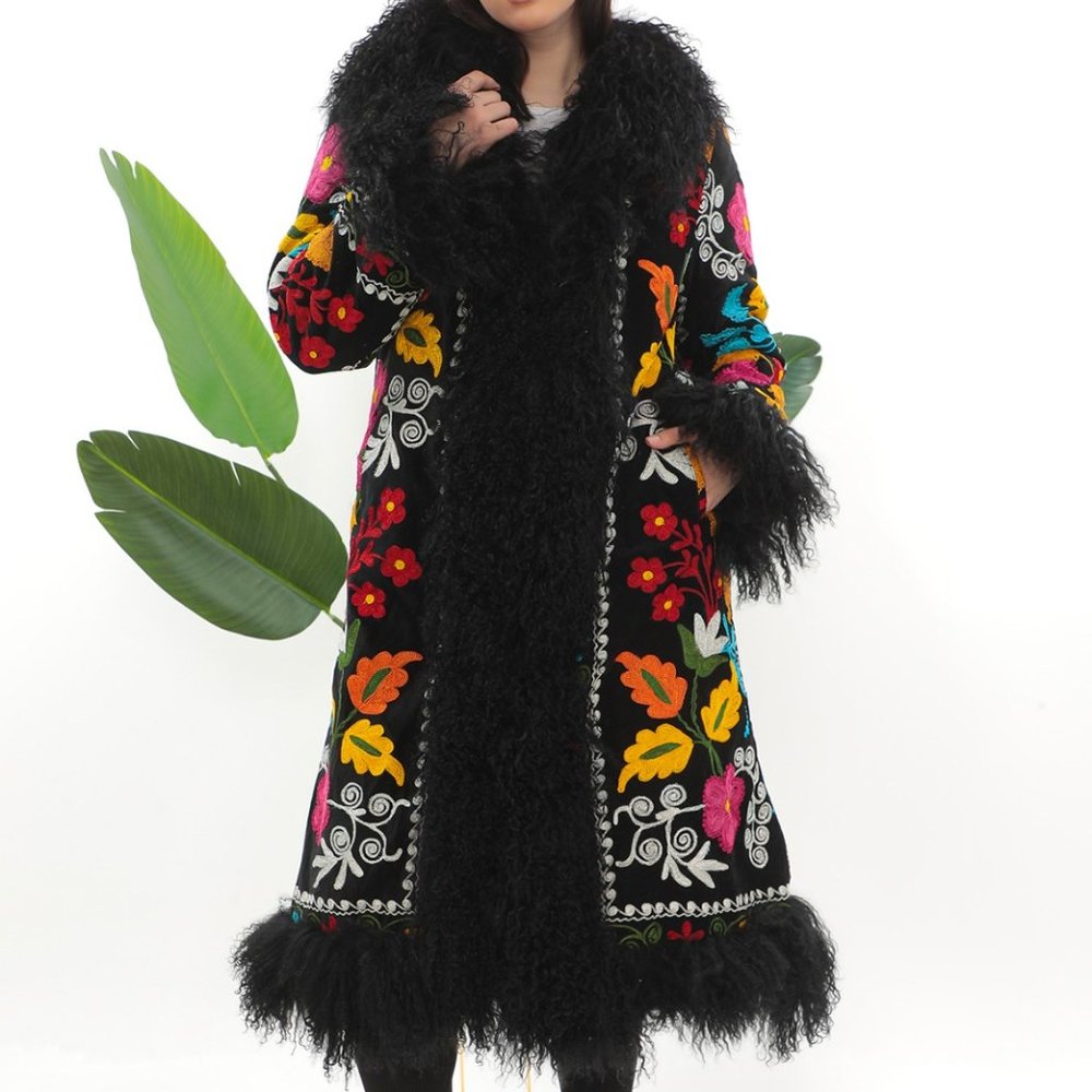 Shearling Trimmed Vintage Coat, Almost Famous 1970s, Boho Fashion, Suzani Coat,